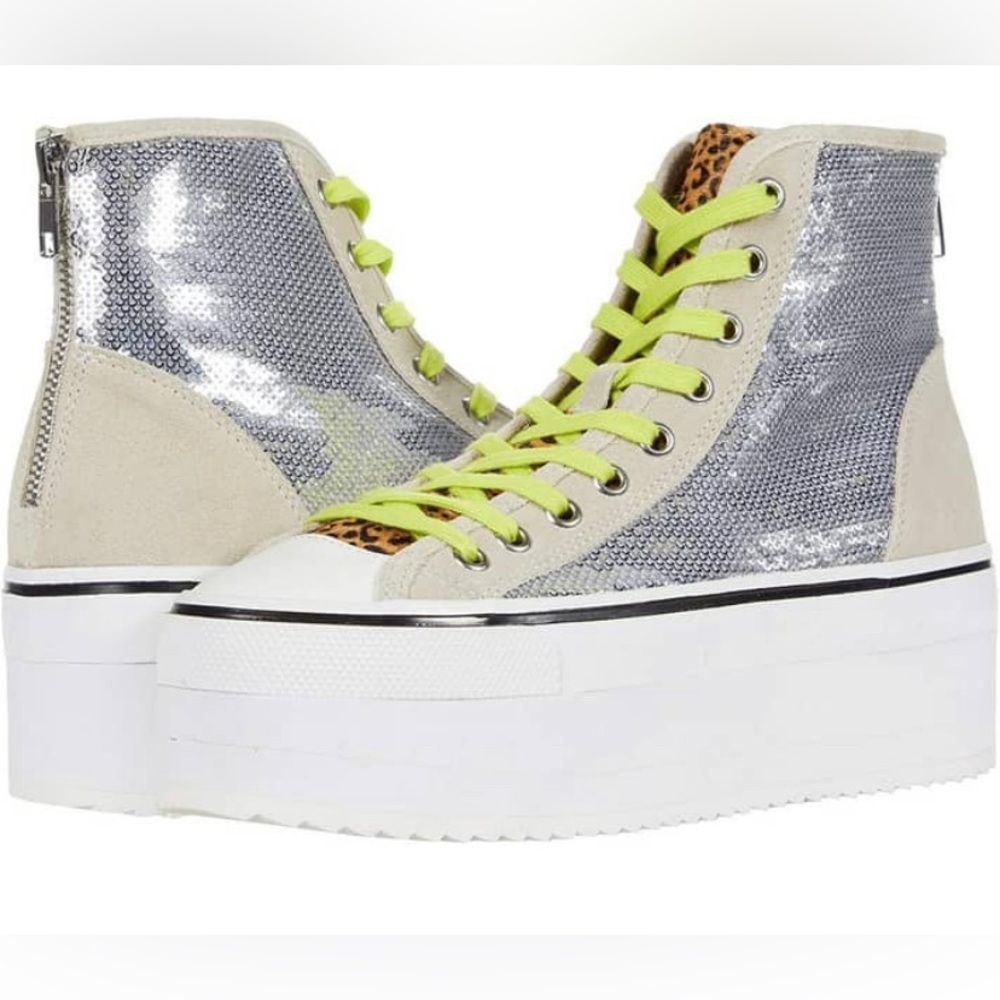 Steve Madden Silver Sequin High-Top Platform Sneakers with Neon Yellow Laces